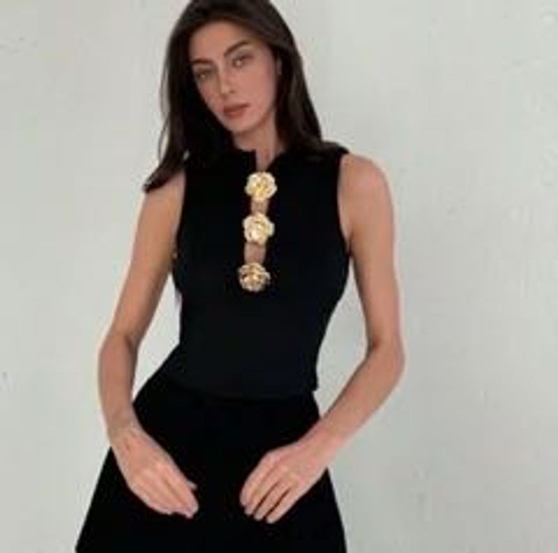 Chic Black Rose Embellished Top