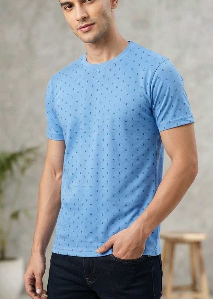 Blue Printed Crew Neck T-Shirt
