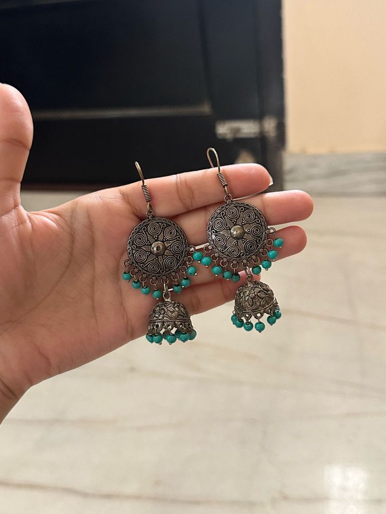 Oxidized Jhumka Earrings with Turquoise Beads