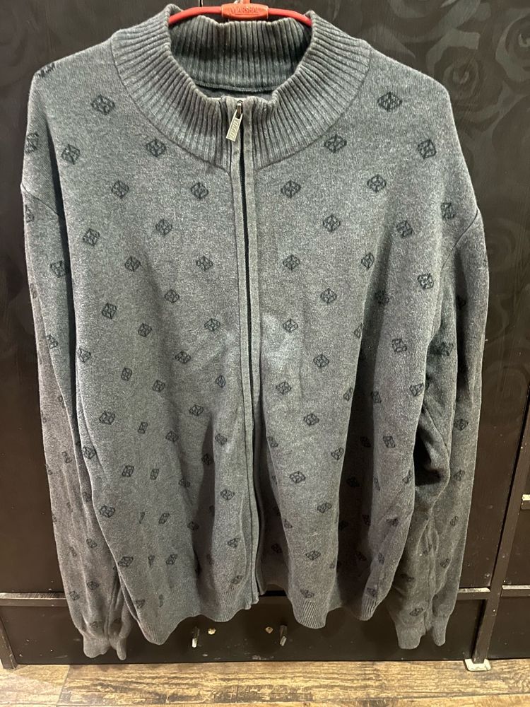 Men's Grey Patterned Zip-Up Cardigan