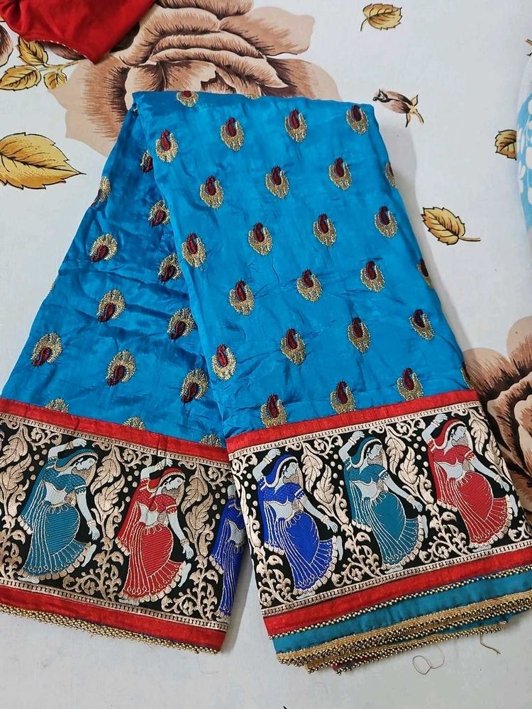 Blue Embroidered Saree with Dancing Figures