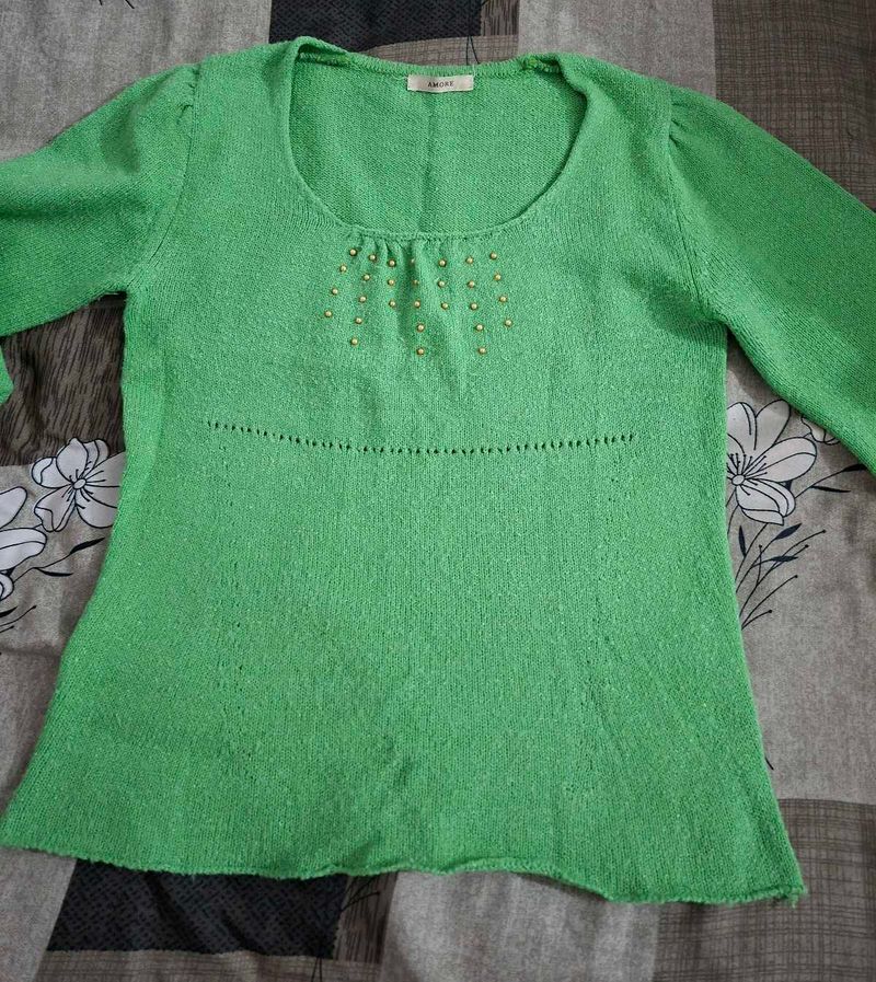 Green Beaded Neckline Sweater Top