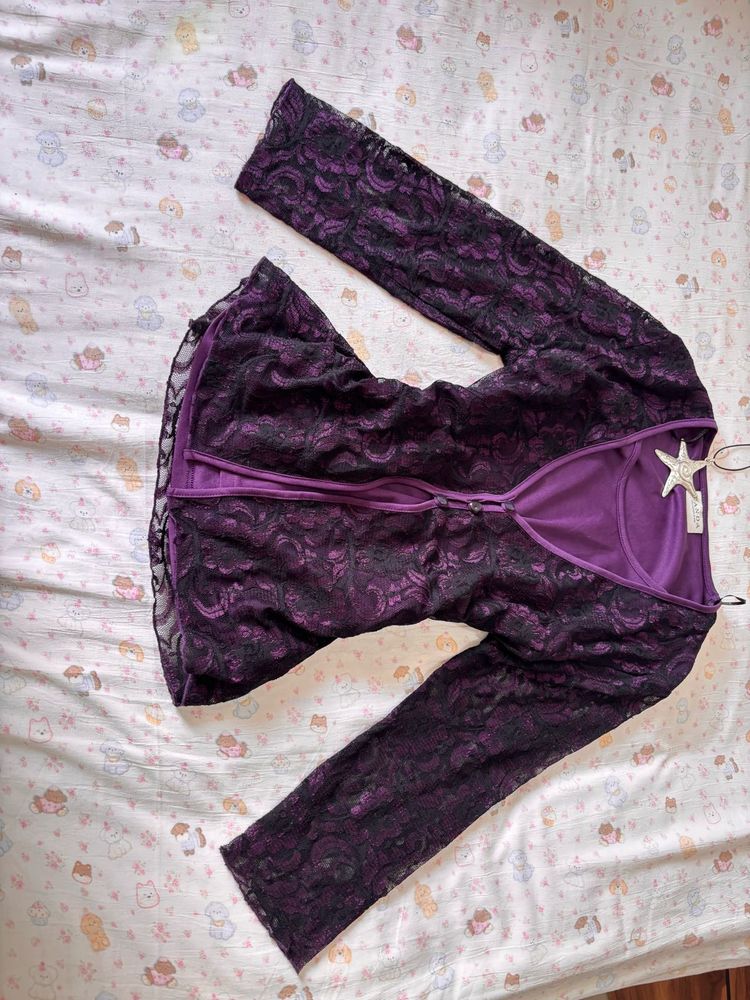 Elegant Purple Lace  Sleeve Top