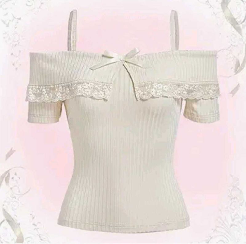 Cream Lace Bow Off-Shoulder Top