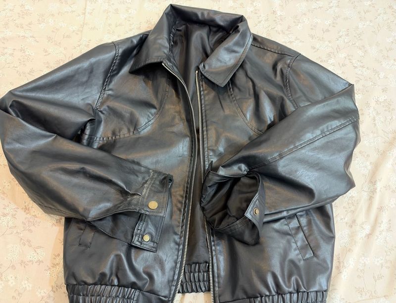 Black Faux Leather Bomber Jacket