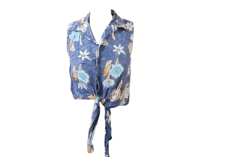 Blue Floral Tie-Front Crop Top