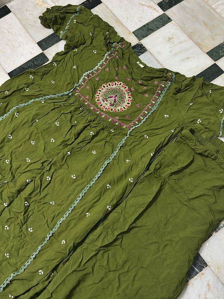 Olive Green Embroidered Kurta Set