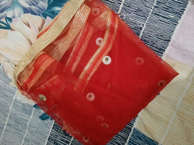Stunning Red Embellished Net Dupatta