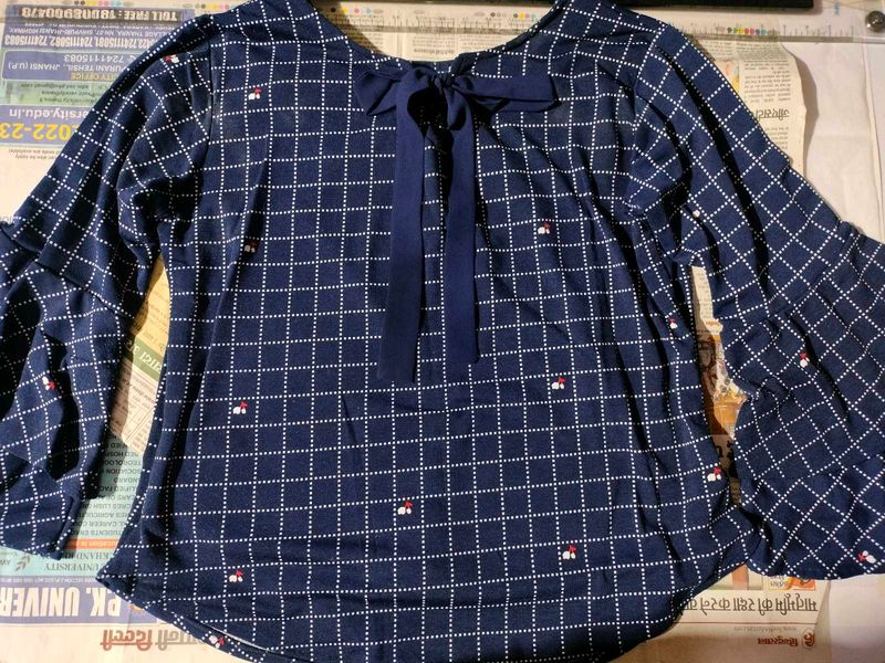 Stylish Blue Checkered Bell Sleeve Top