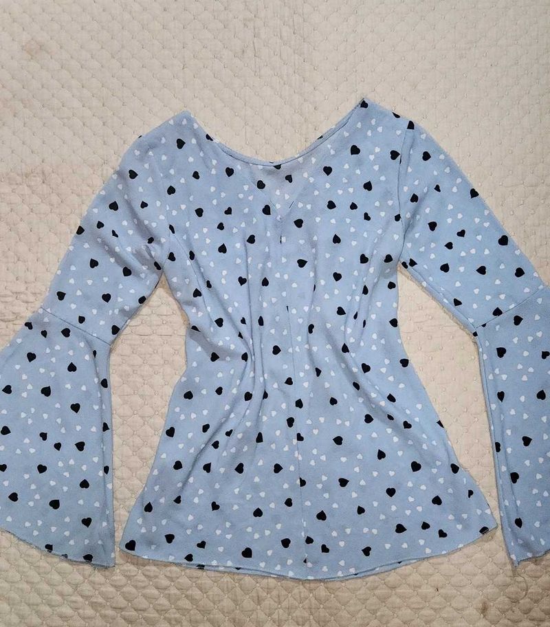 Light Blue Heart Print Bell Sleeve Top
