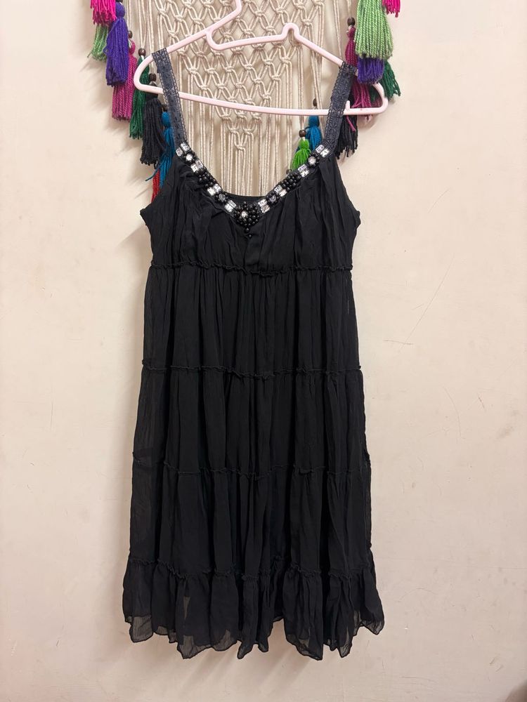 Stunning Black Embellished Tiered Dress