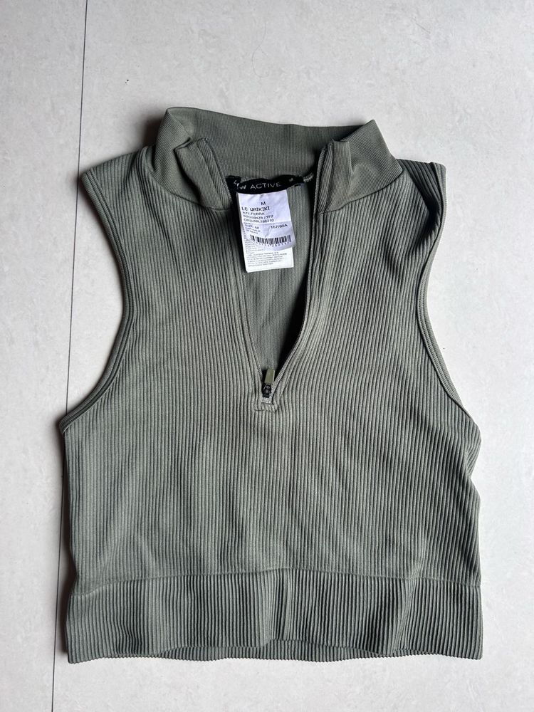 Ribbed Zip Neck Sleeveless Crop Top