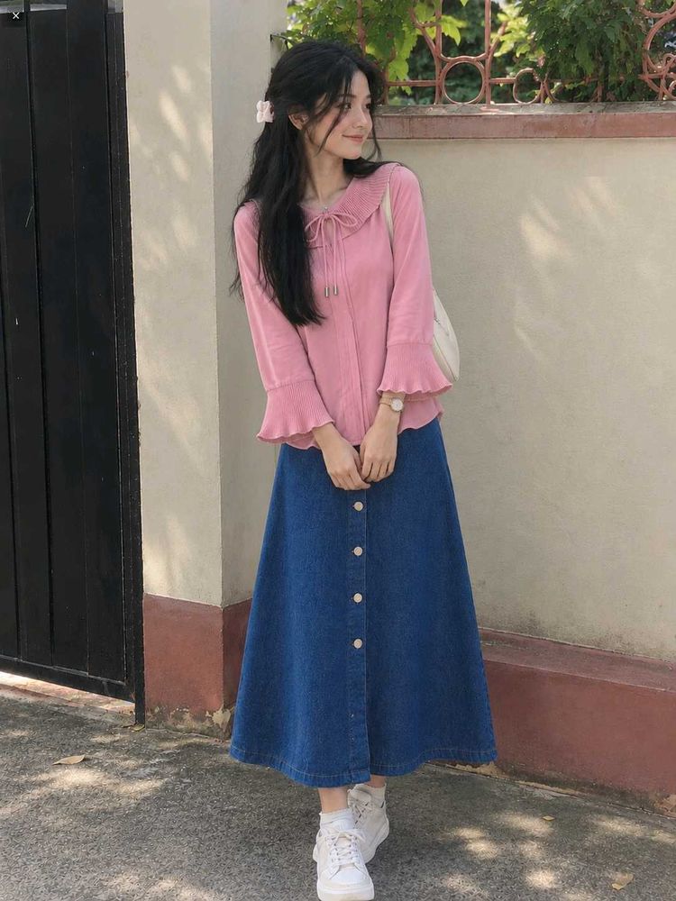 combo🔥Pink Ruffle Collar Top &amp; Denim Skirt Set
