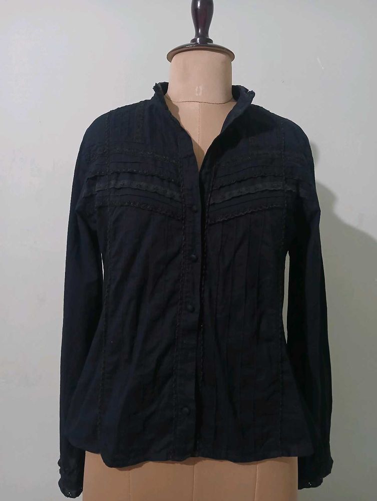 Vintage Chic Black Long Sleeve Ruffled Blouse