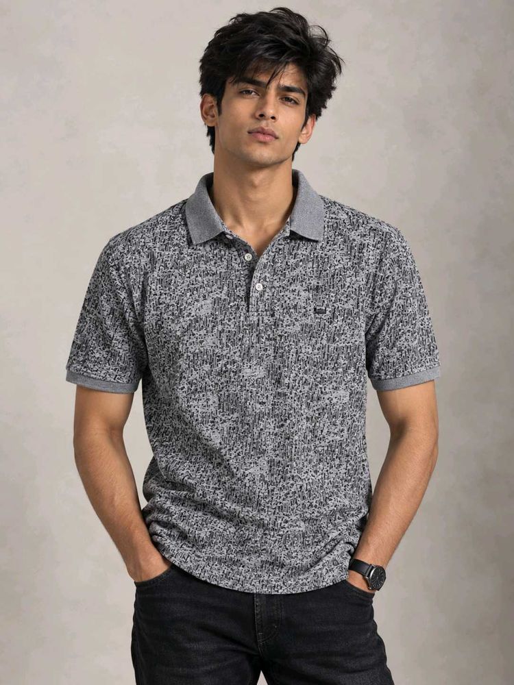 Stylish Grey Printed Polo T-Shirt