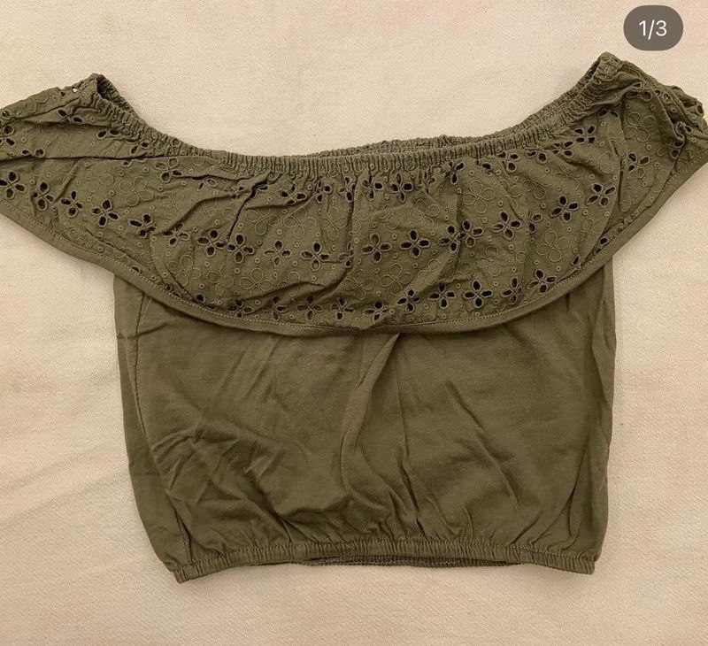 Olive Green Off-Shoulder Eyelet Top