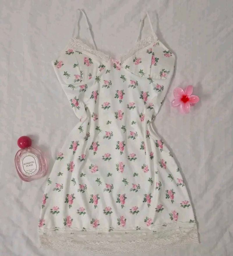 White Floral Print mini dress with Lace Trim