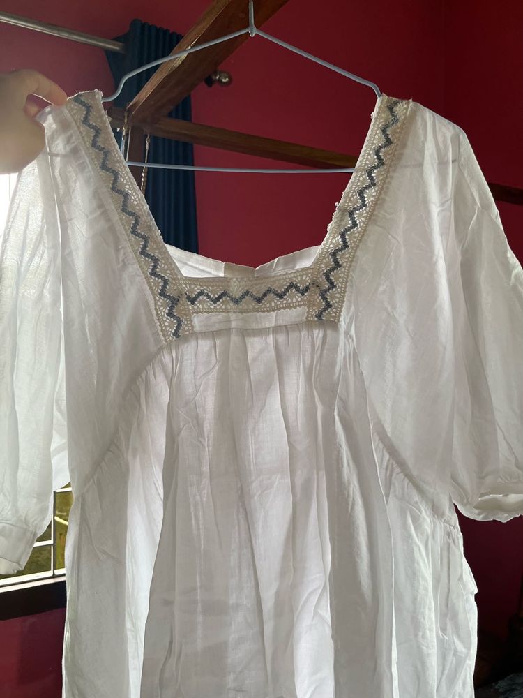 White Cotton Kurta with Embellished Neckline