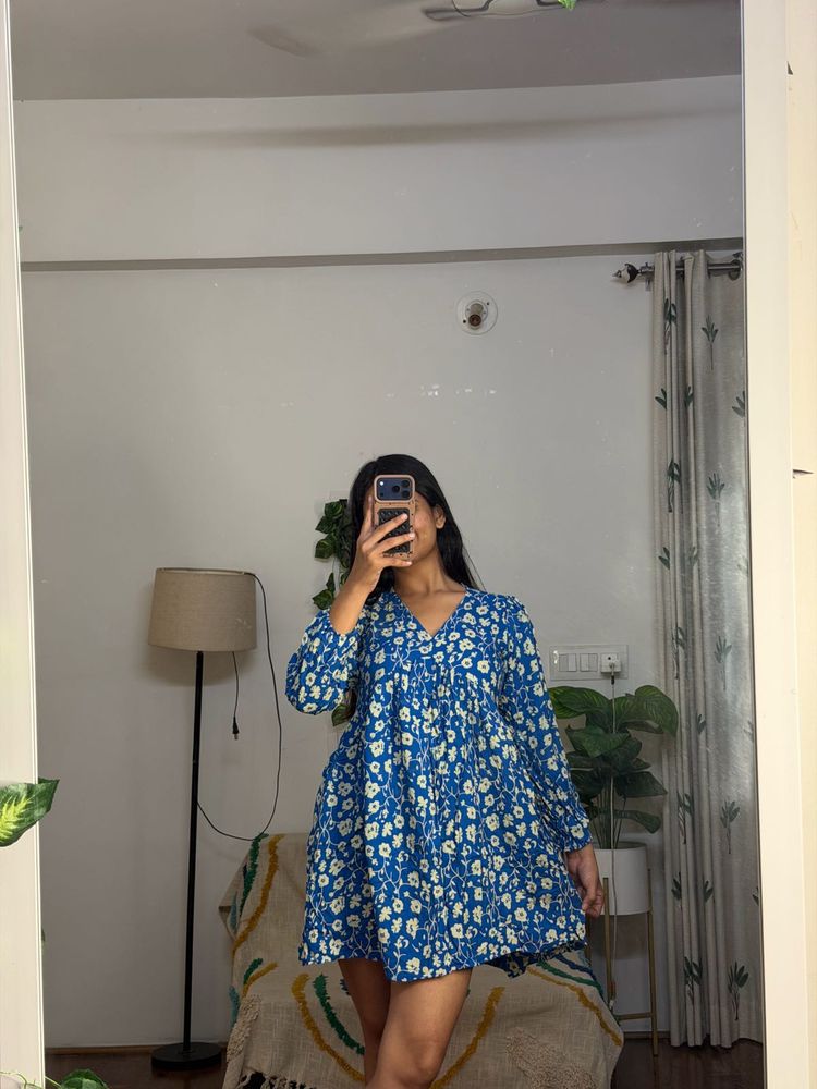 Blue Floral Print Mini Dress