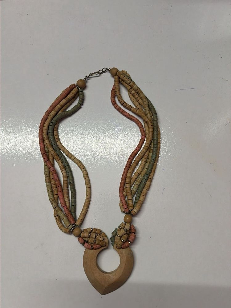 Boho Wood Pendant Beaded Necklace