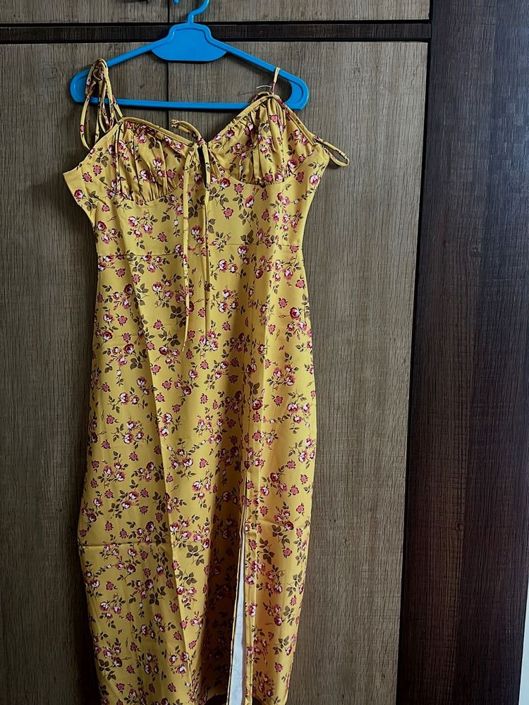 Yellow Floral Midi Dress with Tie Straps