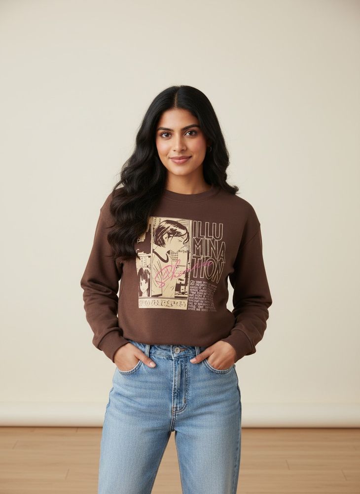 Oversized Chocolate Brown Manga Graphic Sweatshirt