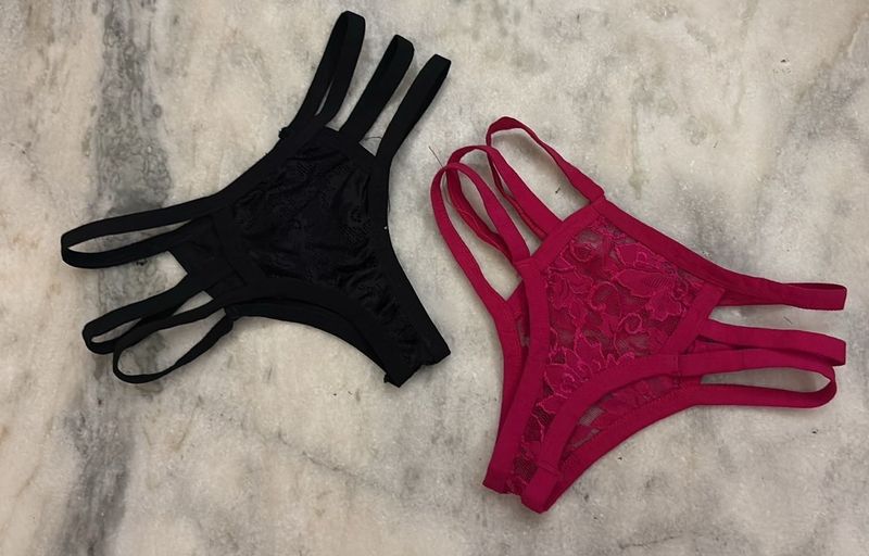 pink and black triple strip thongs