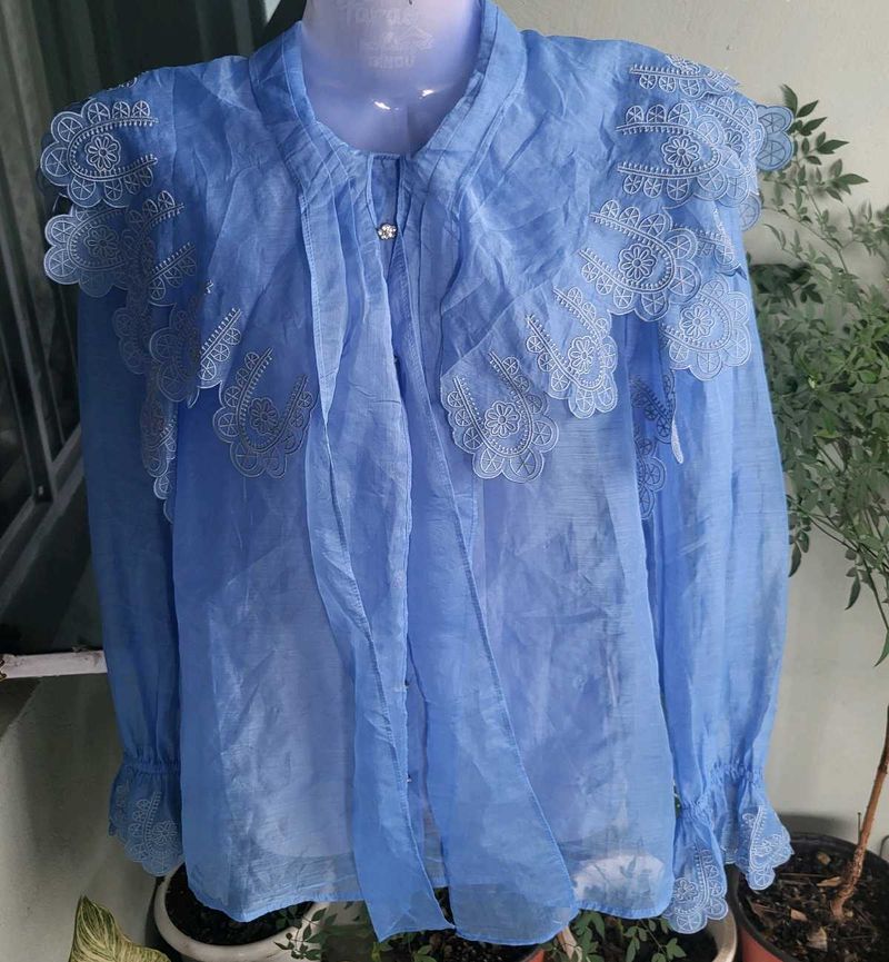Chic Blue Embroidered Blouse