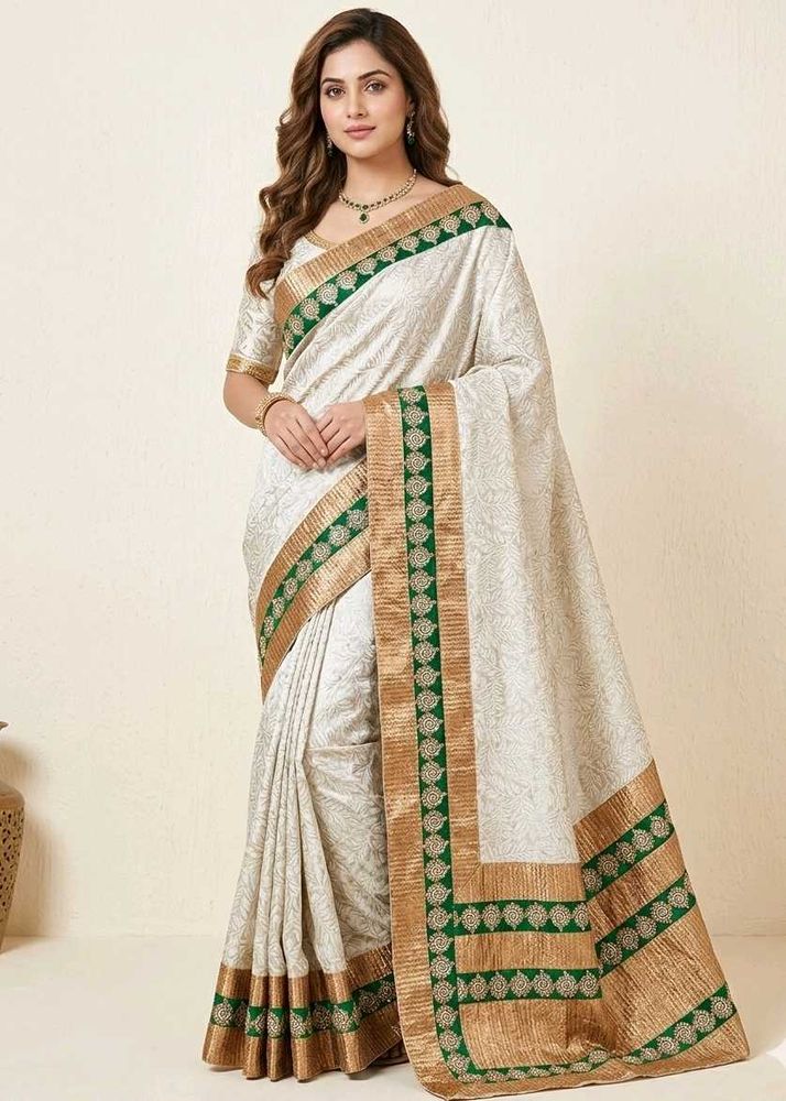 Grand Cream Saree with Green-Golden border