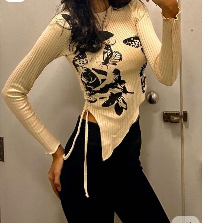 Ribbed Butterfly Print Asymmetrical Top
