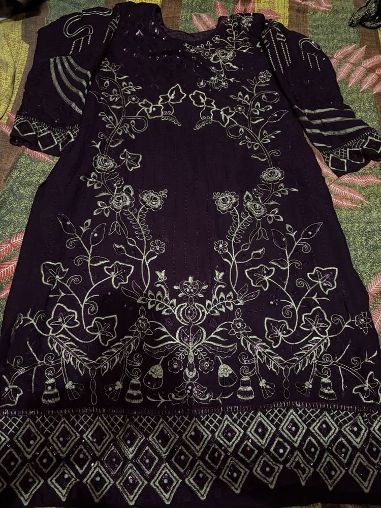 Wine Purple Embroidered Suit Set