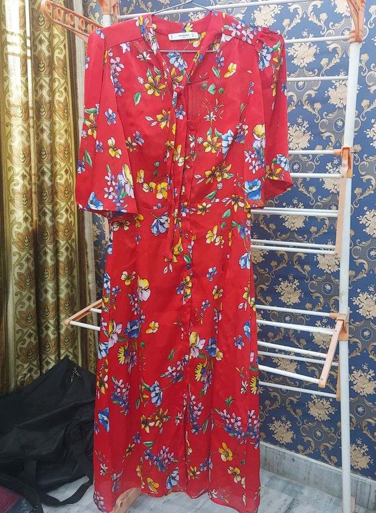 Red Silk Dress With Floral Print