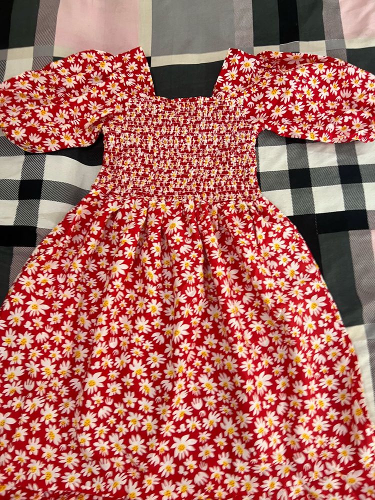 Red Floral Smocked Puff Sleeve Maxi Dress