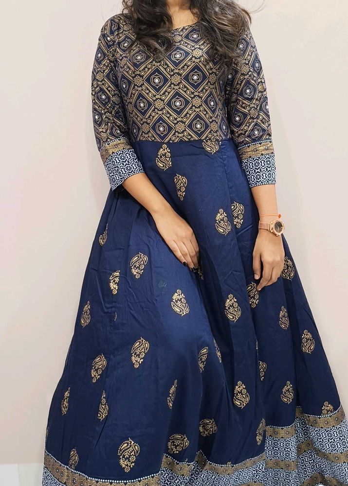 Navy &amp; Gold Print Ethnic Dress