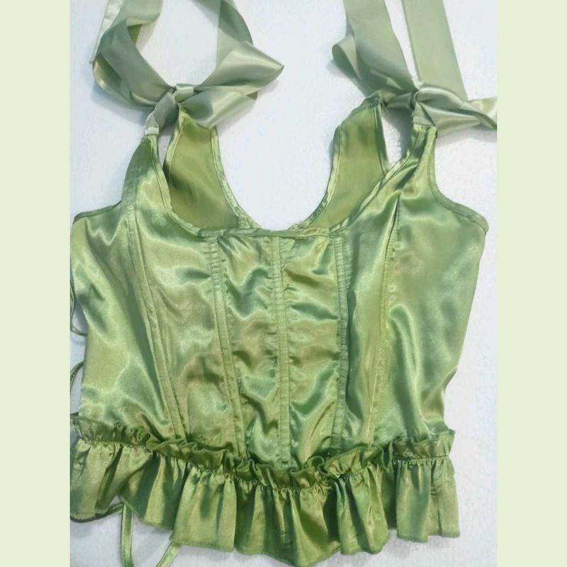 Mint Satin Y2k Lace-Up Corset Top