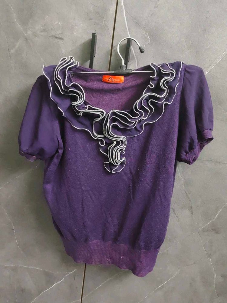 Chic Purple Ruffle Neck Top