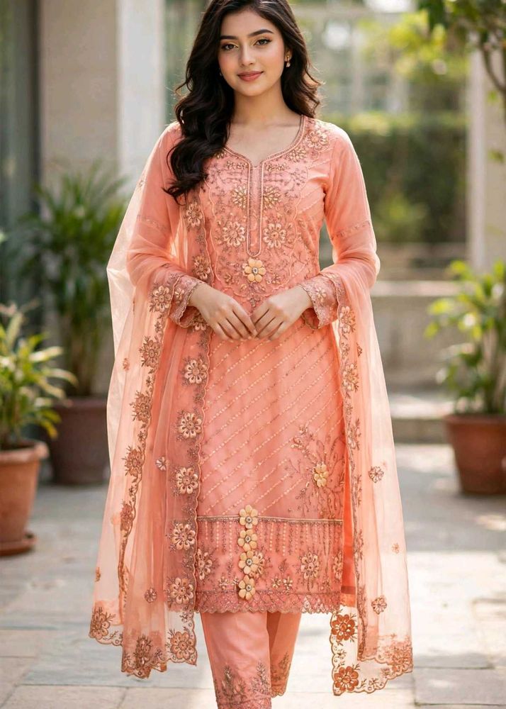 Elegant Peach Embroidered Kurta Set