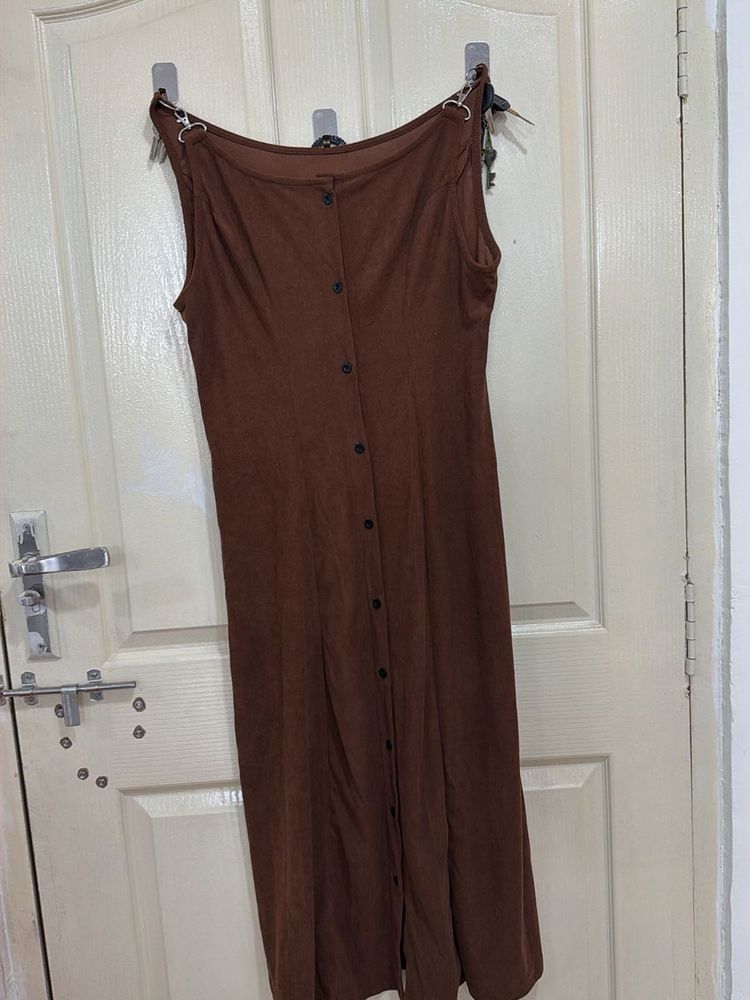 Brown Button-Front Midi Dress