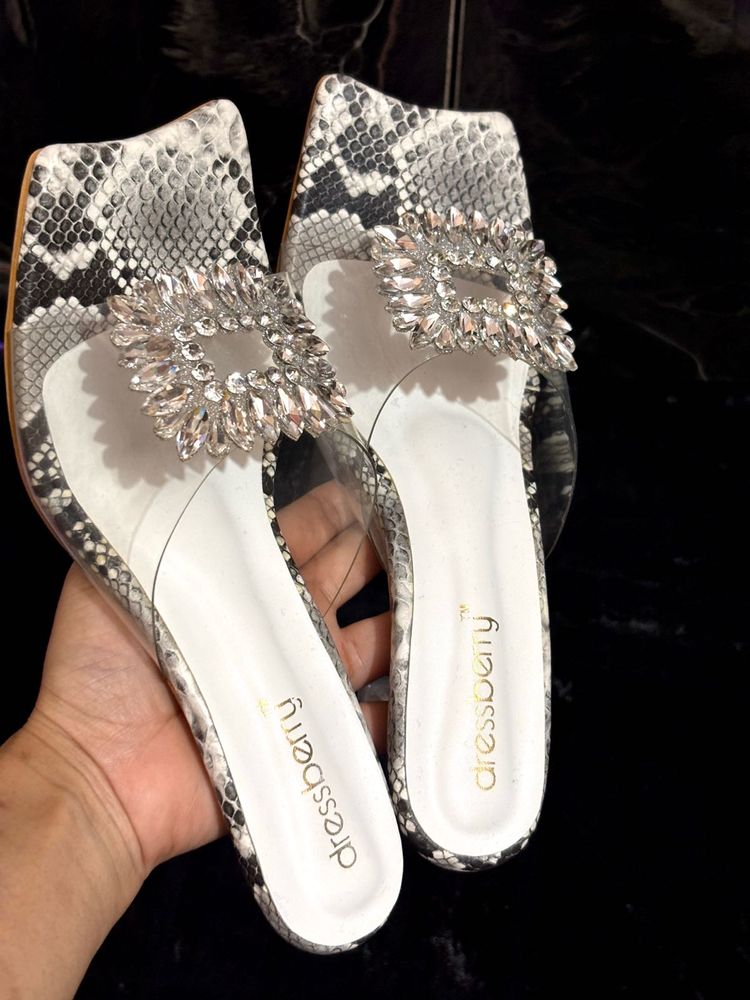 Stylish Snake Print Mules with Rhinestones