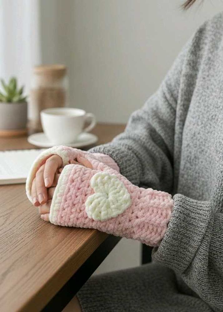 Pink Heart Crochet Gloves