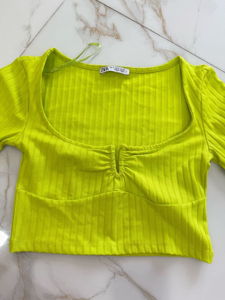 S Neon Green Ribbed Cropped Top