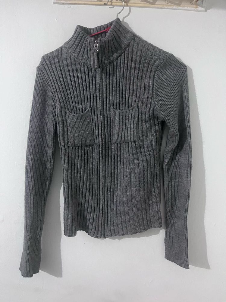 Grey Ribbed Zip-Up Sweater