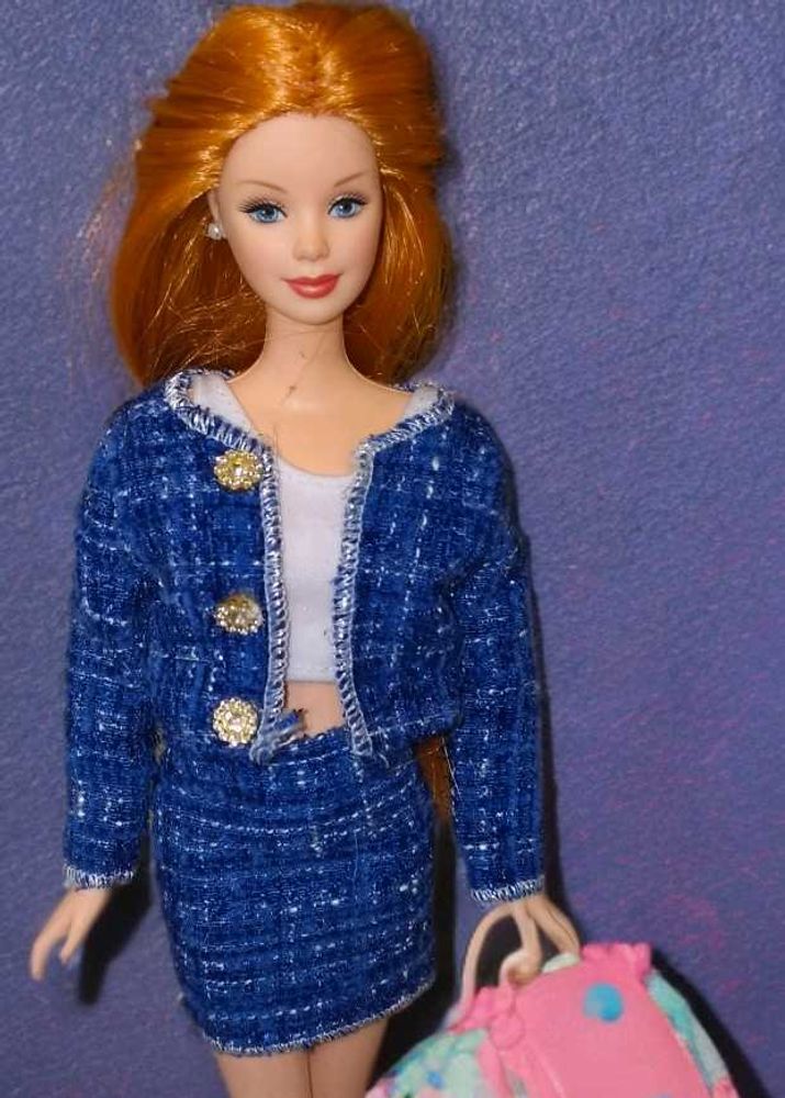 Chic Blue Tweed Skirt Set for barbie doll