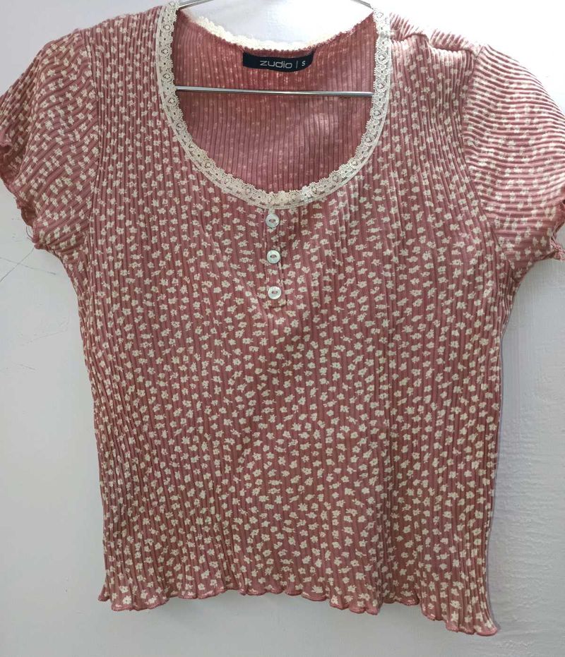 Floral Print Ribbed Top