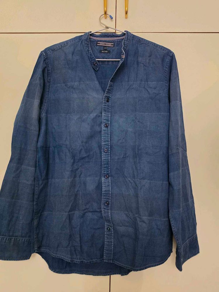 Men's Blue Denim Mandarin Collar Shirt