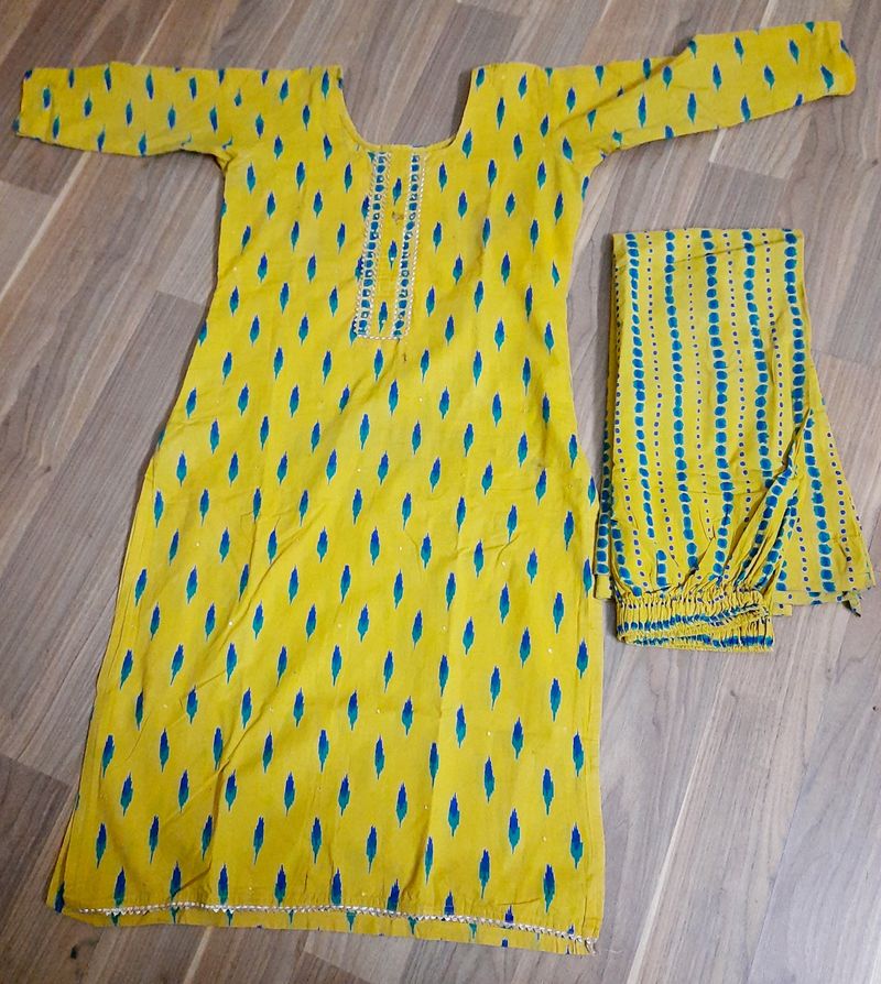beautiful cotton kurti with plazoo.good quality. only 1 time use .size not fit for me.try this lovely dress  😍