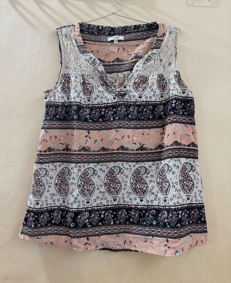 Boho Paisley Print Lace Trim Sleeveless Top