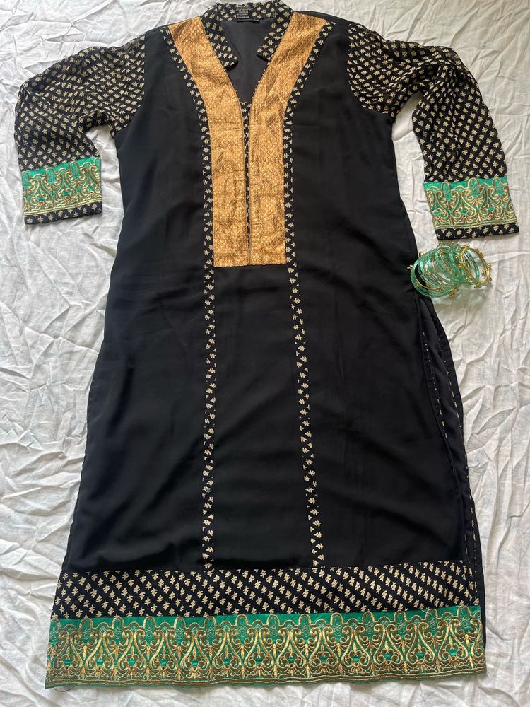 Elegant Black Kurta with Gold and Green Embellishm