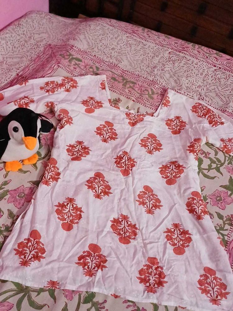 White Kurta with Red Floral Print