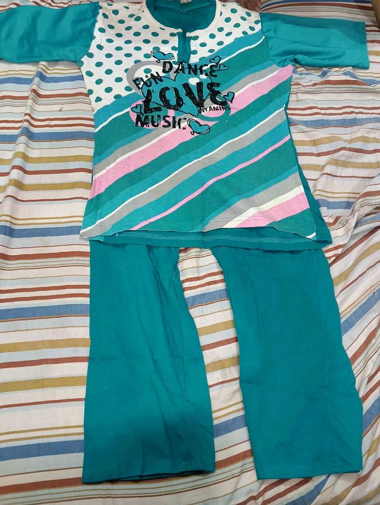 Teal &amp; White Printed Kurta Set